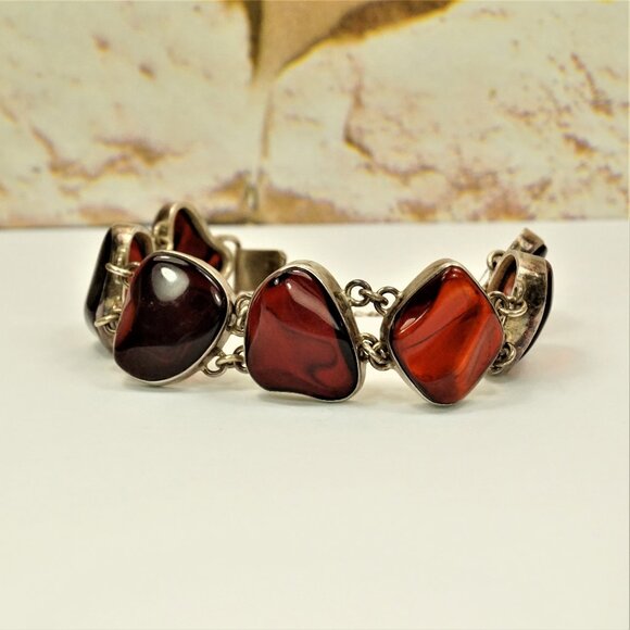 Rare To Find Cherry Amber Link BRACELET in 925 Silver, Heavy Jewelry, OOAK Gift - Picture 4 of 16
